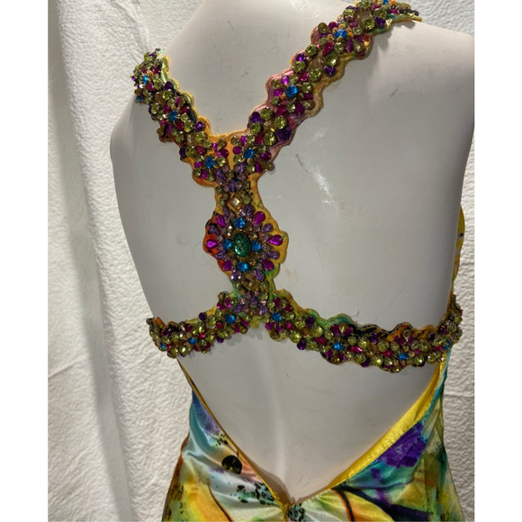 Vibrant multicolor Beaded floral gown V-neck empire waist, size XS - Picture 9 of 12